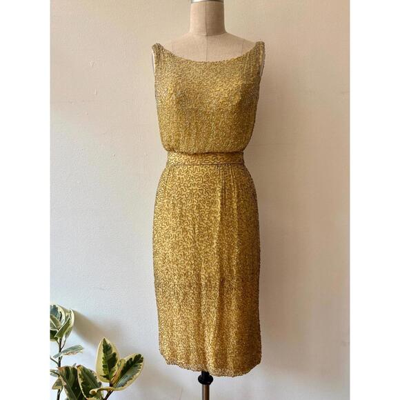 Vintage 1950s Ceil Chapman Gold Beaded Cocktail Dress - Picture 3 of 9